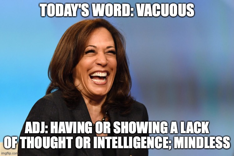 Vacuous | TODAY'S WORD: VACUOUS; ADJ: HAVING OR SHOWING A LACK OF THOUGHT OR INTELLIGENCE; MINDLESS | image tagged in kamala harris laughing | made w/ Imgflip meme maker