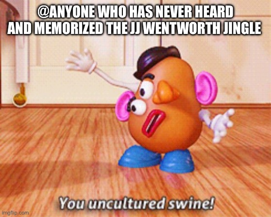 You uncultured swine | @ANYONE WHO HAS NEVER HEARD AND MEMORIZED THE JJ WENTWORTH JINGLE | image tagged in you uncultured swine | made w/ Imgflip meme maker