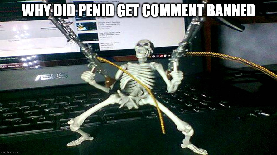 skeleton shooting minijun | WHY DID PENID GET COMMENT BANNED | image tagged in skeleton shooting minijun | made w/ Imgflip meme maker
