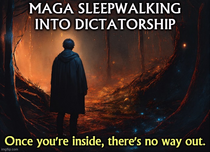 MAGA SLEEPWALKING INTO DICTATORSHIP; Once you're inside, there's no way out. | image tagged in maga,right wing,conservatives,sleep,fascist,dictator | made w/ Imgflip meme maker