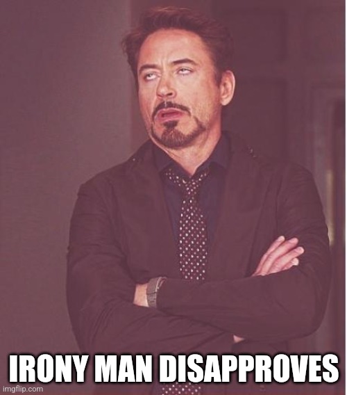 Face You Make Robert Downey Jr Meme | IRONY MAN DISAPPROVES | image tagged in memes,face you make robert downey jr | made w/ Imgflip meme maker