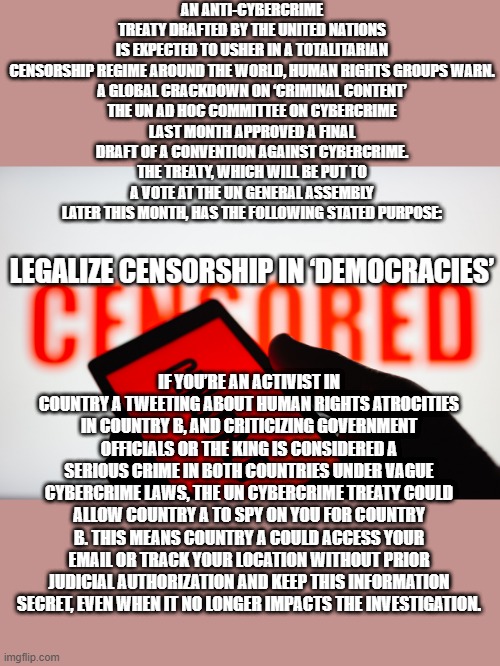 AN ANTI-CYBERCRIME TREATY DRAFTED BY THE UNITED NATIONS IS EXPECTED TO USHER IN A TOTALITARIAN CENSORSHIP REGIME AROUND THE WORLD, HUMAN RIGHTS GROUPS WARN.

A GLOBAL CRACKDOWN ON ‘CRIMINAL CONTENT’
THE UN AD HOC COMMITTEE ON CYBERCRIME LAST MONTH APPROVED A FINAL DRAFT OF A CONVENTION AGAINST CYBERCRIME. THE TREATY, WHICH WILL BE PUT TO A VOTE AT THE UN GENERAL ASSEMBLY LATER THIS MONTH, HAS THE FOLLOWING STATED PURPOSE:; LEGALIZE CENSORSHIP IN ‘DEMOCRACIES’; IF YOU’RE AN ACTIVIST IN COUNTRY A TWEETING ABOUT HUMAN RIGHTS ATROCITIES IN COUNTRY B, AND CRITICIZING GOVERNMENT OFFICIALS OR THE KING IS CONSIDERED A SERIOUS CRIME IN BOTH COUNTRIES UNDER VAGUE CYBERCRIME LAWS, THE UN CYBERCRIME TREATY COULD ALLOW COUNTRY A TO SPY ON YOU FOR COUNTRY B. THIS MEANS COUNTRY A COULD ACCESS YOUR EMAIL OR TRACK YOUR LOCATION WITHOUT PRIOR JUDICIAL AUTHORIZATION AND KEEP THIS INFORMATION SECRET, EVEN WHEN IT NO LONGER IMPACTS THE INVESTIGATION. | made w/ Imgflip meme maker