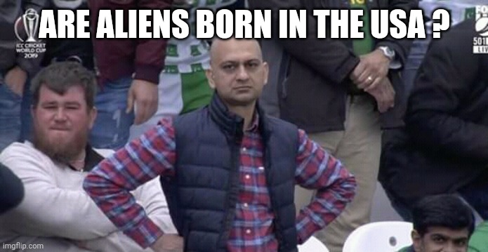 Annoyed man | ARE ALIENS BORN IN THE USA ? | image tagged in annoyed man | made w/ Imgflip meme maker