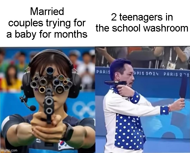 they never miss | Married couples trying for a baby for months; 2 teenagers in the school washroom | image tagged in dark humor,funny | made w/ Imgflip meme maker