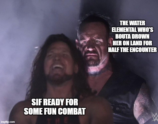 undertaker | THE WATER ELEMENTAL WHO'S BOUTA DROWN HER ON LAND FOR HALF THE ENCOUNTER; SIF READY FOR SOME FUN COMBAT | image tagged in undertaker | made w/ Imgflip meme maker