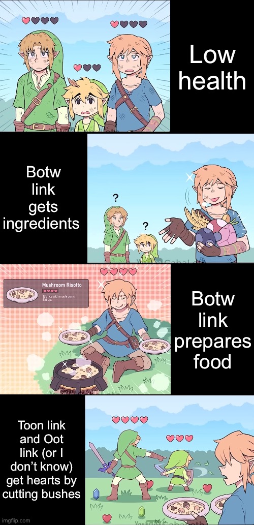 Comic by Ayyk19 | Low health; Botw link gets ingredients; Botw link prepares food; Toon link and Oot link (or I don’t know) get hearts by cutting bushes | image tagged in the legend of zelda,link,toon link,oot link | made w/ Imgflip meme maker