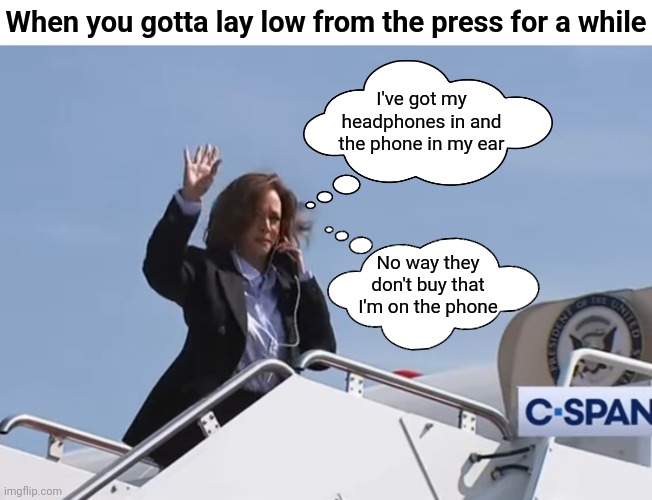 She got raked over the coals by the Gold Star Families | When you gotta lay low from the press for a while; I've got my headphones in and the phone in my ear; No way they don't buy that I'm on the phone | image tagged in kamala phone fake,democrats,kamala harris | made w/ Imgflip meme maker