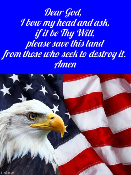 God bless America | Dear God,  
I bow my head and ask, if it be Thy Will, please save this land from those who seek to destroy it.
 Amen | image tagged in blue square,eagle,flag | made w/ Imgflip meme maker