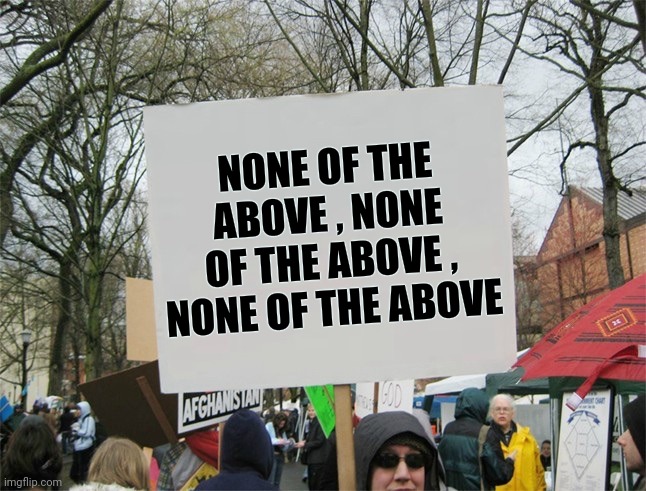 Blank protest sign | NONE OF THE ABOVE , NONE OF THE ABOVE , NONE OF THE ABOVE | image tagged in blank protest sign | made w/ Imgflip meme maker