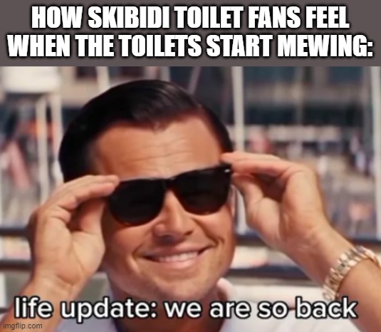 Life Update: we are so back | HOW SKIBIDI TOILET FANS FEEL WHEN THE TOILETS START MEWING: | image tagged in life update we are so back | made w/ Imgflip meme maker