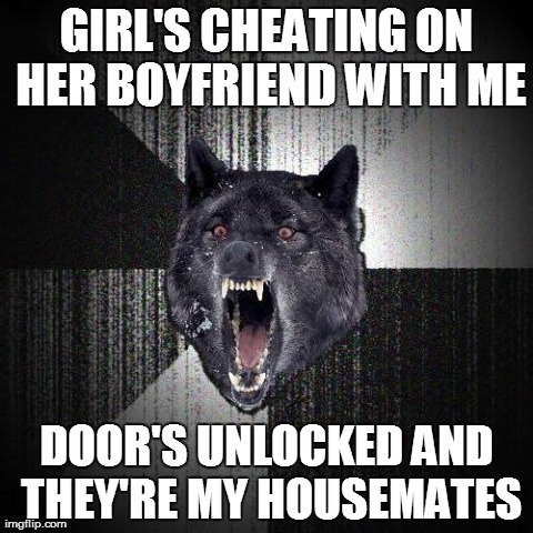 Insanity Wolf Meme | GIRL'S CHEATING ON HER BOYFRIEND WITH ME DOOR'S UNLOCKED AND THEY'RE MY HOUSEMATES | image tagged in memes,insanity wolf,AdviceAnimals | made w/ Imgflip meme maker