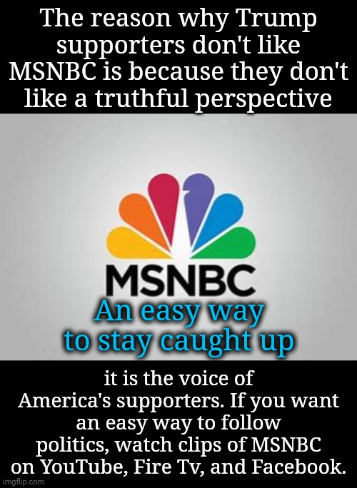 Strongly Suggested for America's Supporters | The reason why Trump supporters don't like MSNBC is because they don't like a truthful perspective; An easy way to stay caught up; it is the voice of America's supporters. If you want an easy way to follow politics, watch clips of MSNBC on YouTube, Fire Tv, and Facebook. | image tagged in dnc,msnbc,america,democracy | made w/ Imgflip meme maker