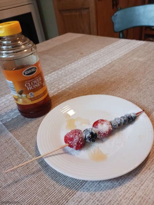 Fruit kebab with honey and coca- I mean sugar | made w/ Imgflip meme maker