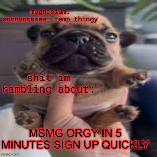 Hosted by none other than me (nugget note: you’re all minors wtf) | MSMG ORGY IN 5 MINUTES SIGN UP QUICKLY | image tagged in pug temp | made w/ Imgflip meme maker