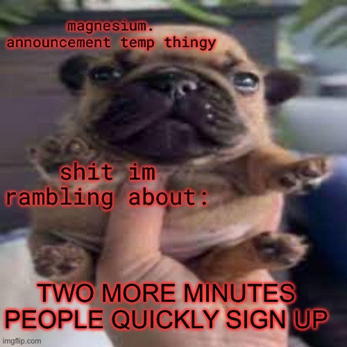 pug temp | TWO MORE MINUTES PEOPLE QUICKLY SIGN UP | image tagged in pug temp | made w/ Imgflip meme maker