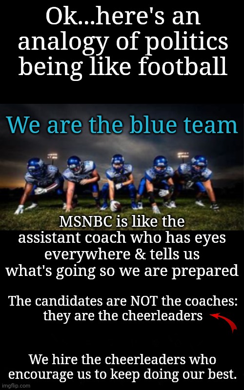 Lets Compare Politics to Football | Ok...here's an analogy of politics being like football; We are the blue team; MSNBC is like the assistant coach who has eyes everywhere & tells us what's going so we are prepared; The candidates are NOT the coaches:
they are the cheerleaders; We hire the cheerleaders who encourage us to keep doing our best. | image tagged in msnbc,dnc,ploitics,football | made w/ Imgflip meme maker