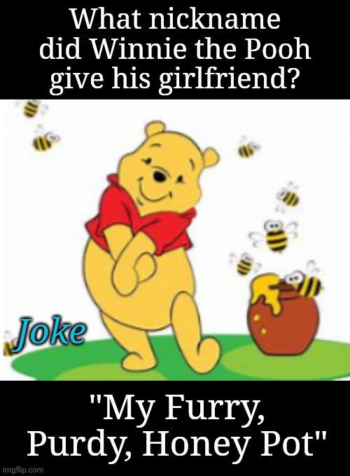 Winnie The Pooh Joke | What nickname did Winnie the Pooh give his girlfriend? Joke; "My Furry, Purdy, Honey Pot" | image tagged in winnie the pooh,jokes | made w/ Imgflip meme maker