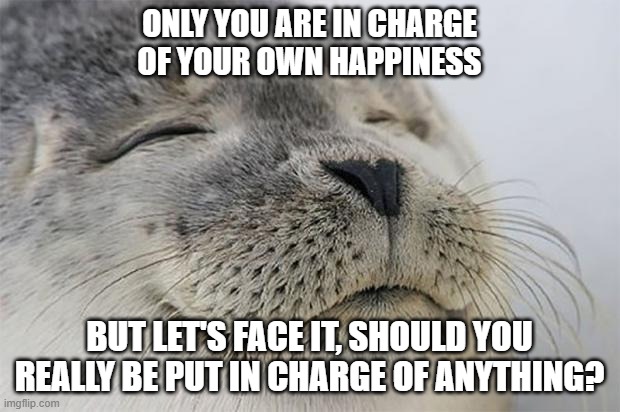 Satisfied Seal Meme | ONLY YOU ARE IN CHARGE OF YOUR OWN HAPPINESS; BUT LET'S FACE IT, SHOULD YOU REALLY BE PUT IN CHARGE OF ANYTHING? | image tagged in memes,satisfied seal,happiness,demotivationals | made w/ Imgflip meme maker