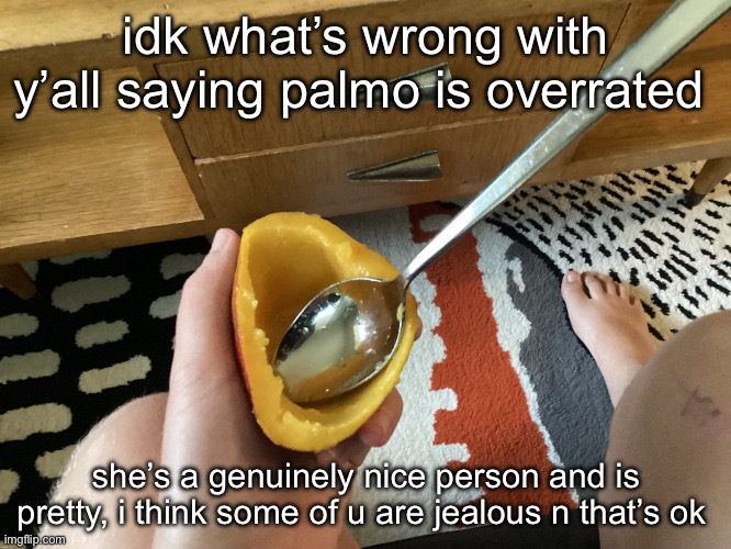 if she’s overrated then why do y’all keep talking abt her .. | idk what’s wrong with y’all saying palmo is overrated; she’s a genuinely nice person and is pretty, i think some of u are jealous n that’s ok | image tagged in icyxd feet v5 | made w/ Imgflip meme maker