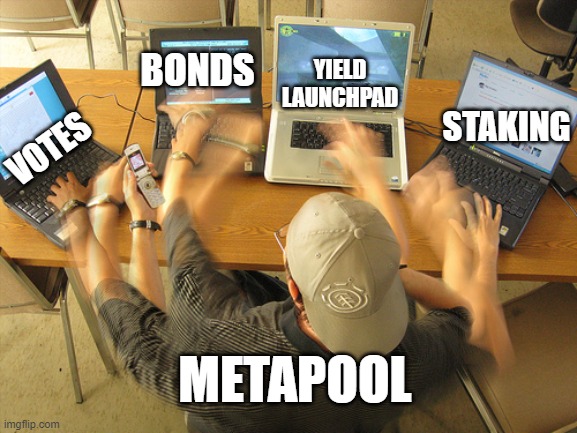 Multitask | YIELD LAUNCHPAD; BONDS; STAKING; VOTES; METAPOOL | image tagged in multitask | made w/ Imgflip meme maker