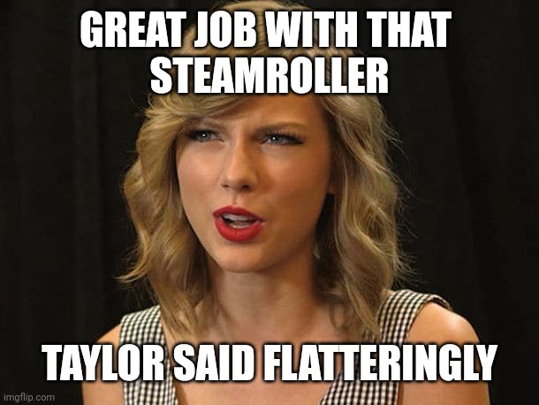 Taylor said flatteringly | GREAT JOB WITH THAT 
STEAMROLLER; TAYLOR SAID FLATTERINGLY | image tagged in taylor swiftie | made w/ Imgflip meme maker