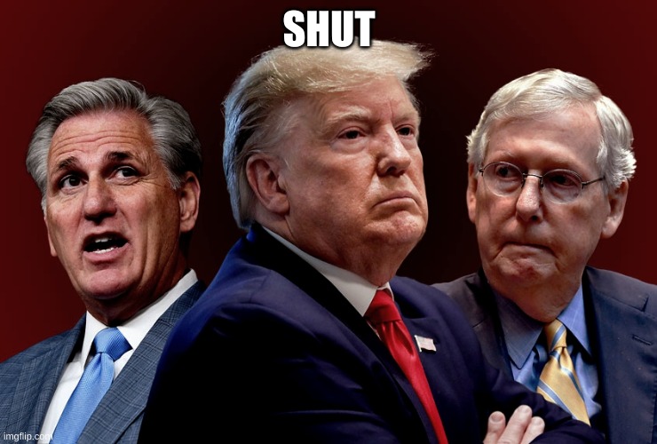 McCarthy, Trump, McConnell, out to destroy American democracy | SHUT | image tagged in mccarthy trump mcconnell out to destroy american democracy | made w/ Imgflip meme maker