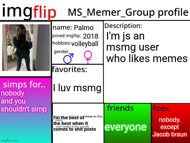 MSMG Profile | Palmo; I'm js an msmg user who likes memes; 2018; volleyball; I luv msmg; nobody and you shouldn't simp; nobody. except Jacob braun; everyone; I'm the best of the best when it comes to shit posts | image tagged in msmg profile | made w/ Imgflip meme maker