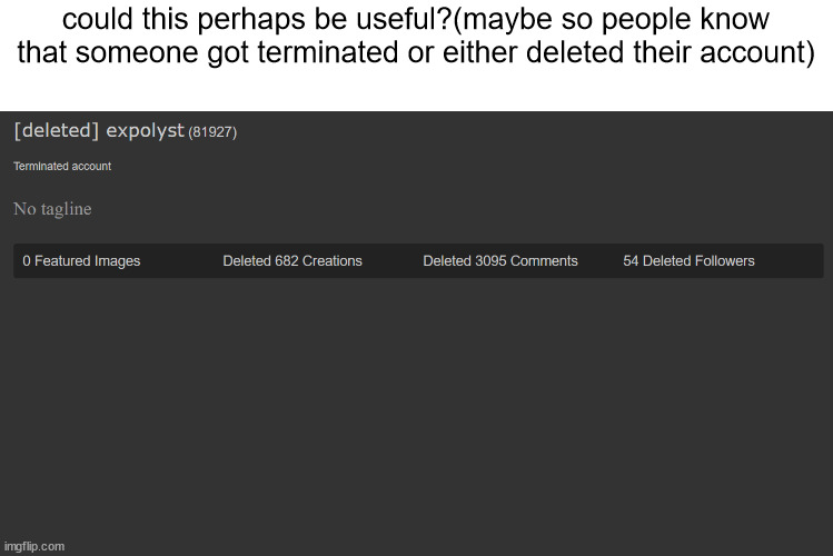 terminated | could this perhaps be useful?(maybe so people know that someone got terminated or either deleted their account) | image tagged in terminated | made w/ Imgflip meme maker