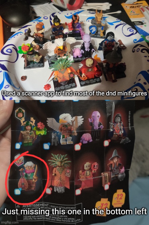 Might try and get my hands on the lego set, idk though (damn I just looked it up and it's over 300 dollars wtf) | Used a scanner app to find most of the dnd minifigures; Just missing this one in the bottom left | made w/ Imgflip meme maker