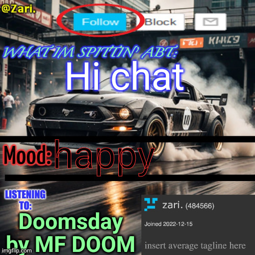 Zari’s announcement template | Hi chat; happy; Doomsday by MF DOOM | image tagged in zari s announcement template | made w/ Imgflip meme maker