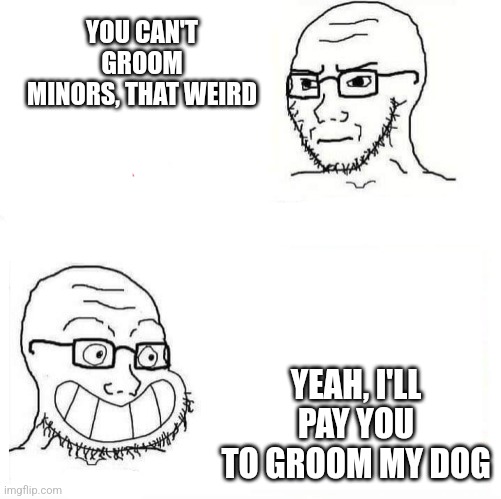 Wojak Double Standard | YOU CAN'T GROOM MINORS, THAT WEIRD; YEAH, I'LL PAY YOU TO GROOM MY DOG | image tagged in wojak double standard | made w/ Imgflip meme maker