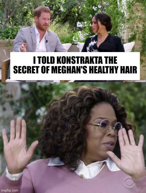 Harry and Meghan Oprah Interview | I TOLD KONSTRAKTA THE SECRET OF MEGHAN'S HEALTHY HAIR | image tagged in harry and meghan oprah interview,eurovision,konstrakta,in corpore sano,meghan markle,prince harry | made w/ Imgflip meme maker