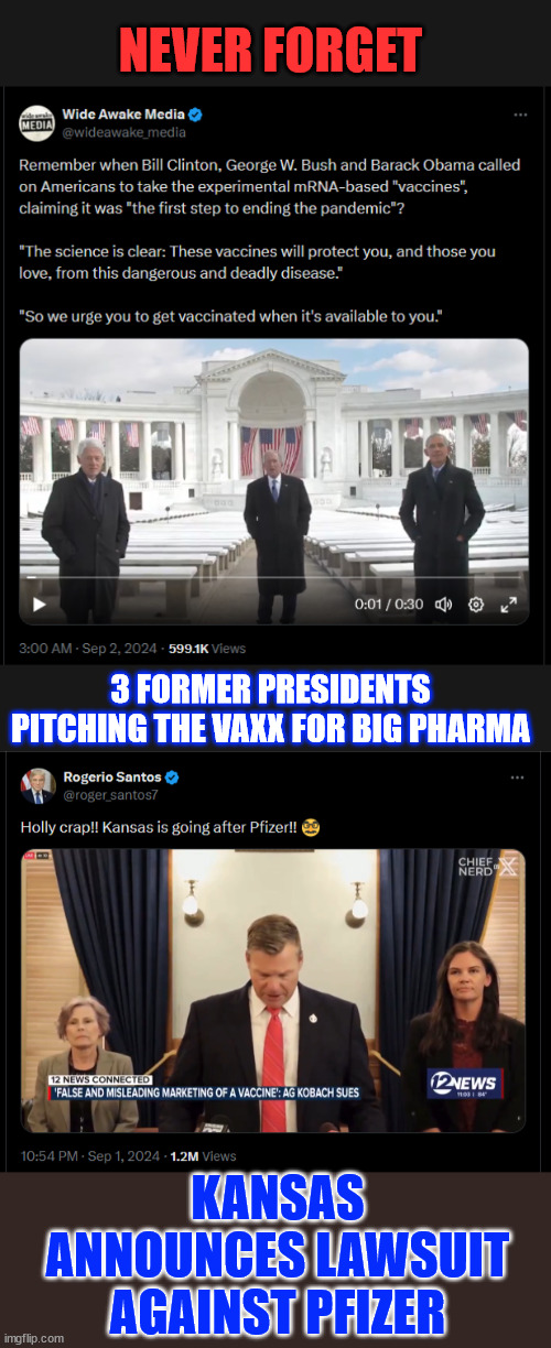 Big Pharma needs to be held accountable... | NEVER FORGET; 3 FORMER PRESIDENTS PITCHING THE VAXX FOR BIG PHARMA; KANSAS ANNOUNCES LAWSUIT AGAINST PFIZER | image tagged in big pharma,lied,about their vaccine | made w/ Imgflip meme maker