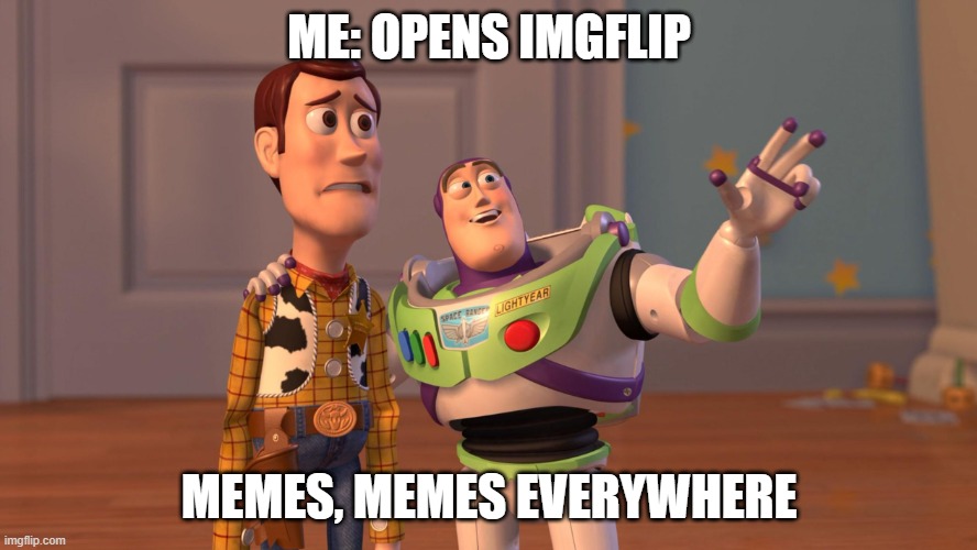 Woody and Buzz Lightyear Everywhere Widescreen | ME: OPENS IMGFLIP; MEMES, MEMES EVERYWHERE | image tagged in woody and buzz lightyear everywhere widescreen | made w/ Imgflip meme maker