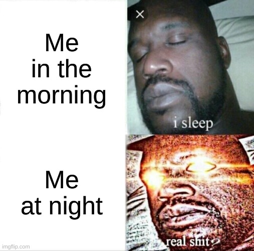 Sleeping Shaq | Me in the morning; Me at night | image tagged in memes,sleeping shaq | made w/ Imgflip meme maker