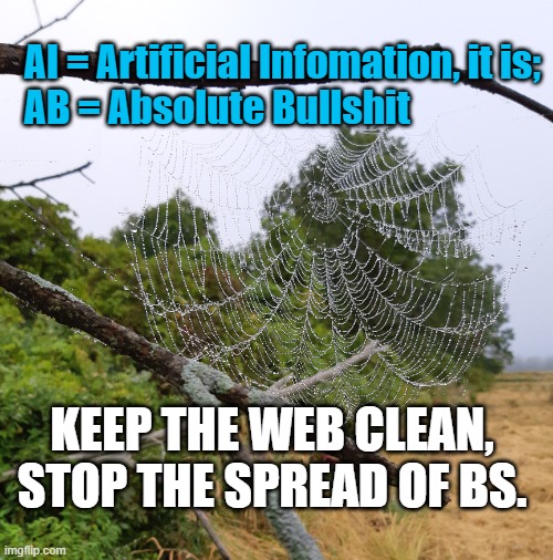 Artificial Information | AI = Artificial Infomation, it is;
AB = Absolute Bullshit; KEEP THE WEB CLEAN,
STOP THE SPREAD OF BS. | image tagged in bullshit,false information,clean the web | made w/ Imgflip meme maker