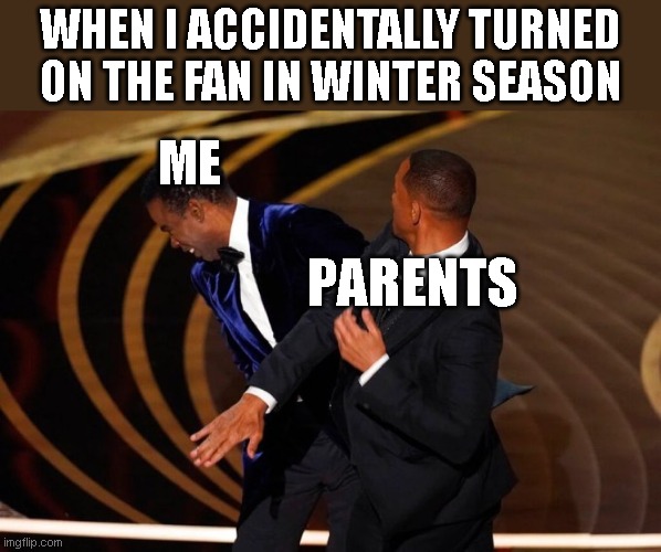 Winter Days | WHEN I ACCIDENTALLY TURNED ON THE FAN IN WINTER SEASON; ME; PARENTS | image tagged in will smith slap | made w/ Imgflip meme maker