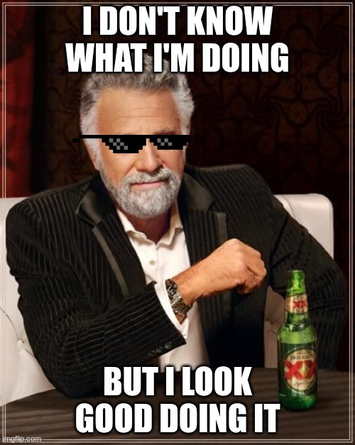 The Most Interesting Man In The World | I DON'T KNOW WHAT I'M DOING; BUT I LOOK GOOD DOING IT | image tagged in memes,the most interesting man in the world | made w/ Imgflip meme maker