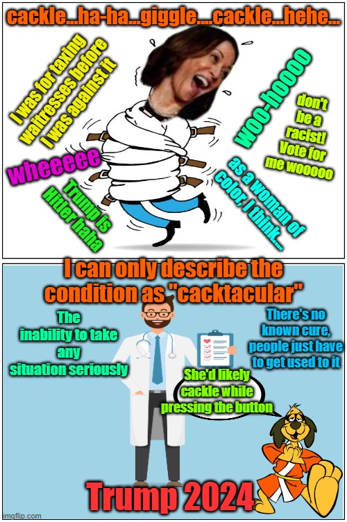 She appeals to the insane of America | cackle...ha-ha...giggle....cackle...hehe... I was for taxing waitresses before I was against it; don't be a racist! Vote for me wooooo; woo-hoooo; wheeeee; as a woman of color, I think.... Trump is Hitler haha; I can only describe the condition as "cacktacular"; The inability to take any situation seriously; There's no known cure, people just have to get used to it; She'd likely cackle while pressing the button; Trump 2024 | image tagged in trump,maga,kamala harris,presidential election,mental illness | made w/ Imgflip meme maker