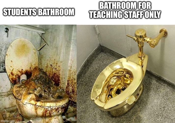 BATHROOM FOR TEACHING STAFF ONLY; STUDENTS BATHROOM | image tagged in public bathroom,gold toilet | made w/ Imgflip meme maker