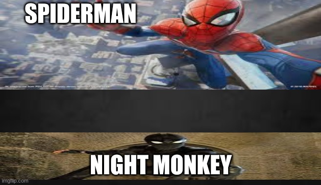 racist ahhh spiderman | SPIDERMAN; NIGHT MONKEY | image tagged in funny,spiderman,goofy ahhh | made w/ Imgflip meme maker