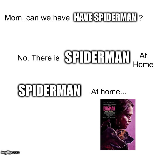 spiderman at home | HAVE SPIDERMAN; SPIDERMAN; SPIDERMAN | image tagged in mom can we have | made w/ Imgflip meme maker