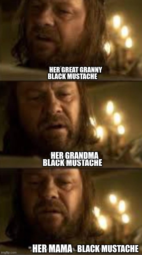 Buy her a Valyrian razor subscription, buddy | HER GREAT GRANNY; BLACK MUSTACHE; HER GRANDMA; BLACK MUSTACHE; HER MAMA; BLACK MUSTACHE | image tagged in game of thrones,house of the dragon,ned stark,a song of ice and fire | made w/ Imgflip meme maker