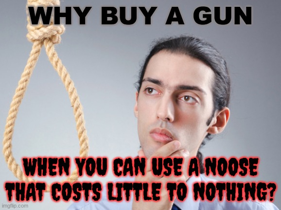 noose | WHY BUY A GUN WHEN YOU CAN USE A NOOSE THAT COSTS LITTLE TO NOTHING? | image tagged in noose | made w/ Imgflip meme maker