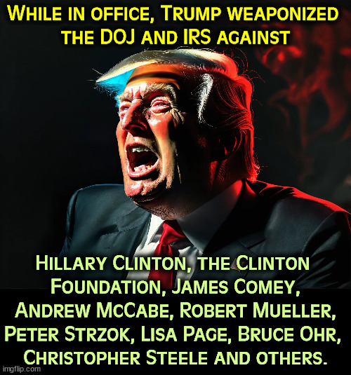 While in office, Trump weaponized 
the DOJ and IRS against; Hillary Clinton, the Clinton 
Foundation, James Comey, Andrew McCabe, Robert Mueller, Peter Strzok, Lisa Page, Bruce Ohr, 
Christopher Steele and others. | image tagged in trump,weapons,hillary,fbi director james comey,robert mueller | made w/ Imgflip meme maker