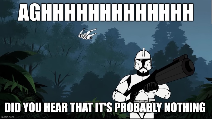 clone trooper | AGHHHHHHHHHHHHH; DID YOU HEAR THAT IT'S PROBABLY NOTHING | image tagged in clone trooper | made w/ Imgflip meme maker