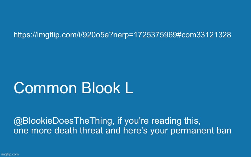 Blank Windows BSOD | https://imgflip.com/i/920o5e?nerp=1725375969#com33121328; Common Blook L; @BlookieDoesTheThing, if you're reading this, one more death threat and here's your permanent ban | image tagged in blank windows bsod | made w/ Imgflip meme maker