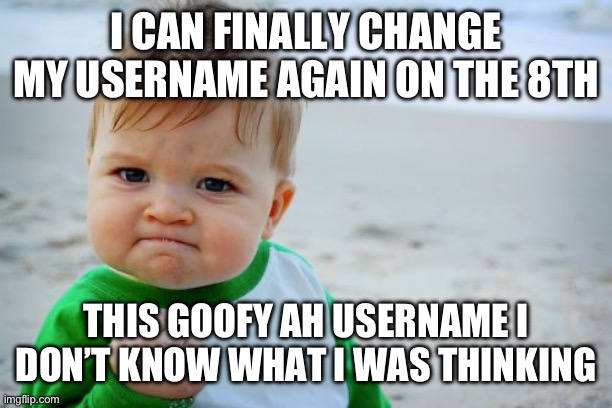 Success Kid Original Meme | I CAN FINALLY CHANGE MY USERNAME AGAIN ON THE 8TH; THIS GOOFY AH USERNAME I DON’T KNOW WHAT I WAS THINKING | image tagged in memes,success kid original | made w/ Imgflip meme maker