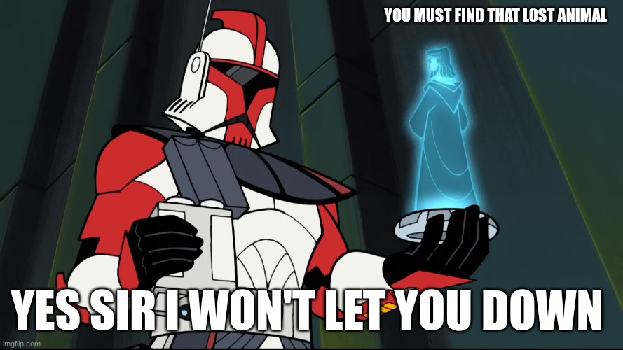 clone trooper | YOU MUST FIND THAT LOST ANIMAL; YES SIR I WON'T LET YOU DOWN | image tagged in clone trooper | made w/ Imgflip meme maker