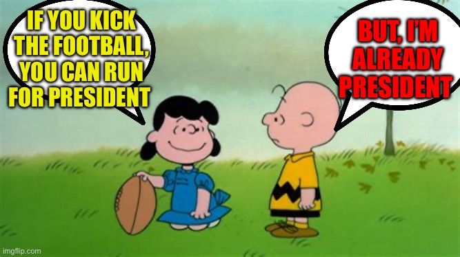 Clueless Joe. Coup by the undemocratic Democrats | BUT, I’M ALREADY PRESIDENT; IF YOU KICK THE FOOTBALL, YOU CAN RUN FOR PRESIDENT | image tagged in charlie brown football,democrats,joe biden,coup,clueless,puppet | made w/ Imgflip meme maker